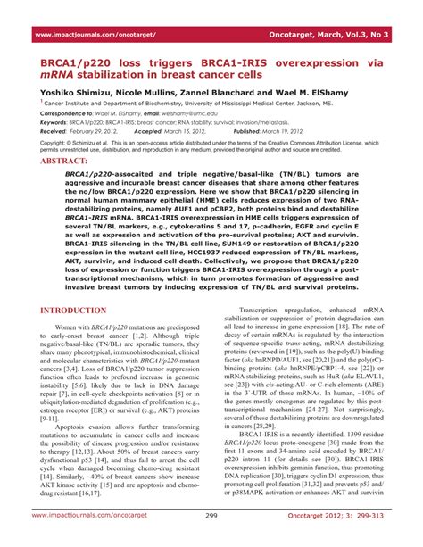 Pdf Brca P Loss Triggers Brca Iris Overexpression Via Mrna