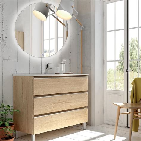 Meuble De Salle De Bain Simple Vasque 3 Tiroirs Palma Et Miroir Rond