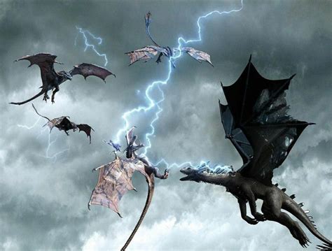 Four Different Types Of Dragon Flying In The Sky With Lightning Behind