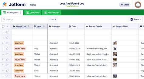 Lost And Found Log Template | Jotform Tables