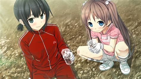 2girls Arishima Alice Black Hair Blue Eyes Blush Brown Hair Cura Drink Flat Chest Game Cg Gloves