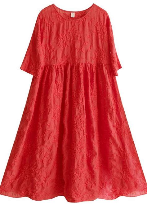 Elegant O Neck Half Sleeve Summer Outfit Neckline Red Embroidery Robes