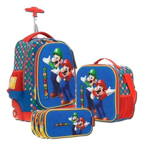 Kit Mochila Ruedas Led Lonchera Lapicera Chenson Mario Bros Mario Y