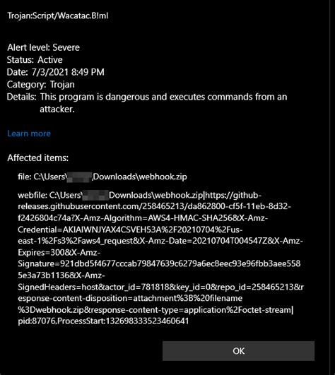 Webhook Zip File Triggers Trojan Alert In Windows 10 Issue 954
