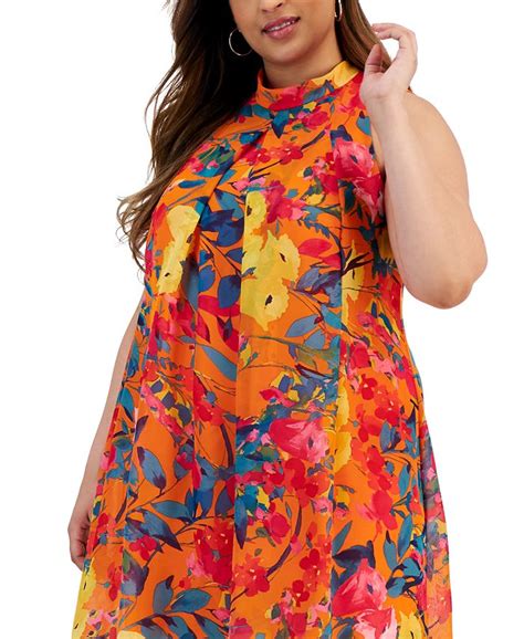 Robbie Bee Plus Size Printed Chiffon Mock Neck Dress Macys