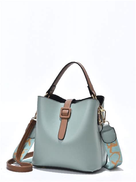 Olivia Mark Letter Graphic Buckle Decor Bucket Bag Women Satchels