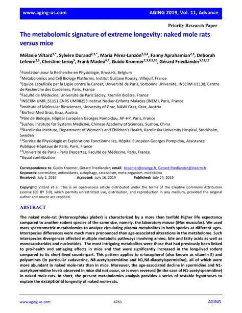 PDF The Metabolomic Signature Of Extreme Longevity Naked Mole Rats Versus Mice