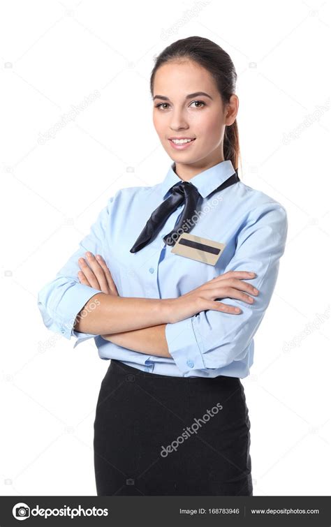 Female hotel receptionist in uniform on white background Stock Photo by ...