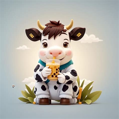 Premium Photo Cute Cow Drinking Boba Milk Tea With Milk Cartoon