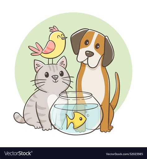 Cute portrait of a group of pets, a bird, a cat, a dog and a fish ...