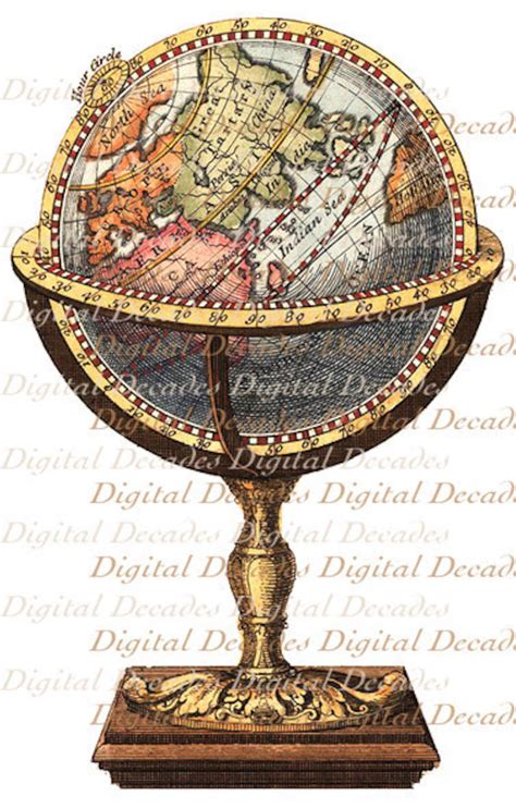 World Globe Earth Digital Image Vintage Art Illustration Instant