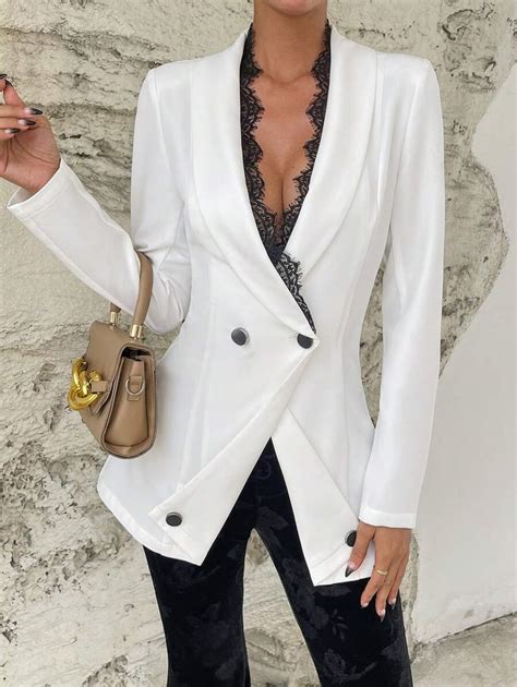 Shein Privé Shawl Collar Lace Trim Double Breasted Blazer Shein Usa