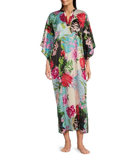 N By Natori Satin Floral Patchwork 34 Sleeve Caftan Dillards