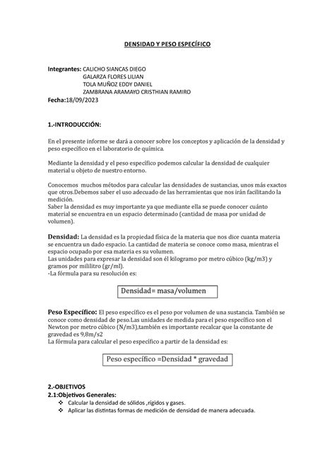 Informe Densidad Espero Y Te Sirva Densidad Y Peso Espec Fico