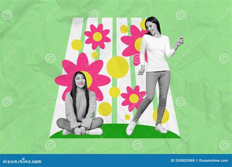 Creative Collage Photo Illustration Of Two Young Beautiful Positive