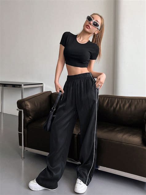 Dazy Kpop Contrast Piping Slant Pocket Wide Leg Pants Shein Usa