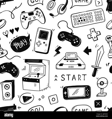 Video Game Hand Drawn Doodle Seamless Pattern Video Gamer Console