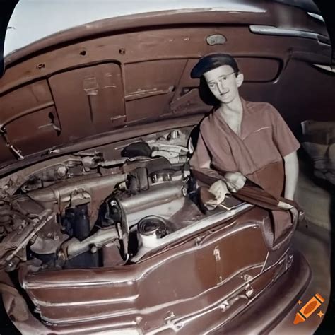 Vintage Photograph Of An Auto Mechanic Repairing A Car Engine