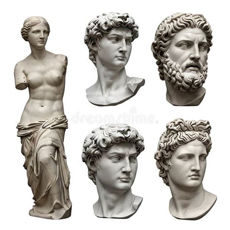 collection  ancient greek marble statues  busts stock photo