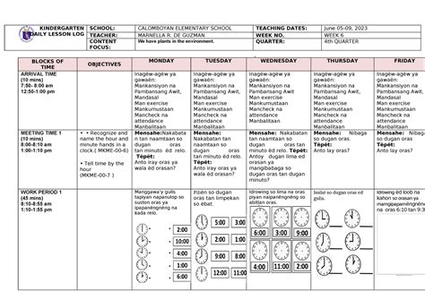 Kinder Dll Q4 Week 6 Lesson Plan Kindergarten Daily Lesson Log