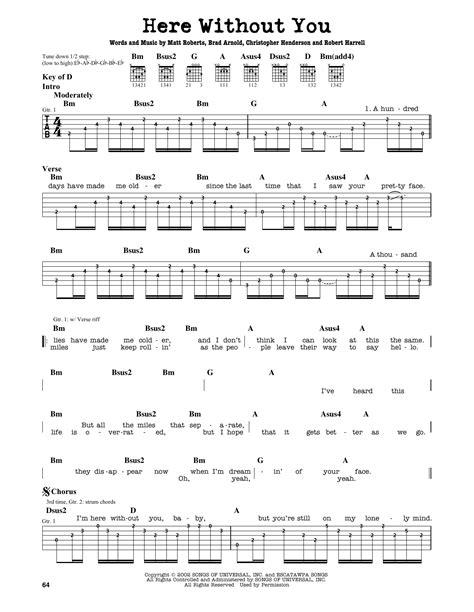 Here Without You By 3 Doors Down Sheet Music For Guitar Cheat Sheet At