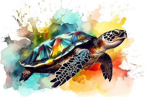 Pintura Em Aquarela De Uma Bela Tartaruga Colorida Em Cores Pastéis E