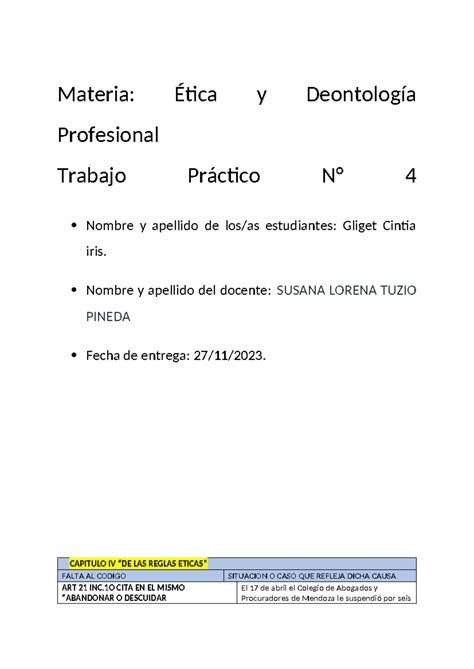 TP 4 Etica Y DEON C Materia Ética y Deontología Profesional Trabajo