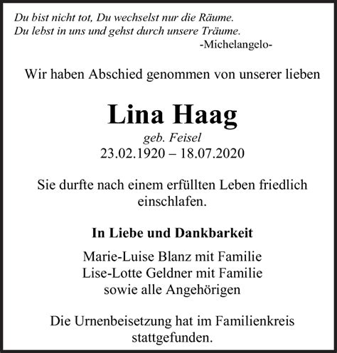 Traueranzeigen Von Lina Haag Zeit Des Gedenkens De