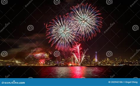 San Francisco New Year S Eve Fireworks With City Skyline Stock Photo