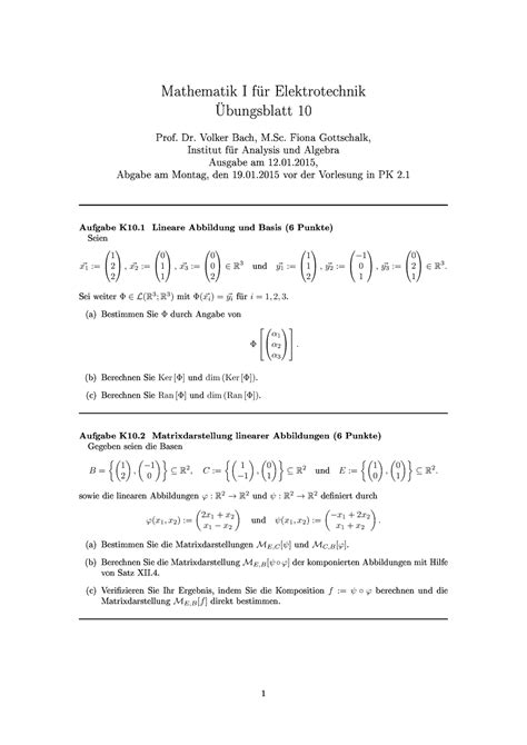 Uebungsblatt 10 Übungsblatt Mathematik I für Elektrotechnik