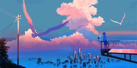 Wallpaper Bangjoy Sunset Anime Girls Clouds Looking Away Digital Painting City 4096x2048