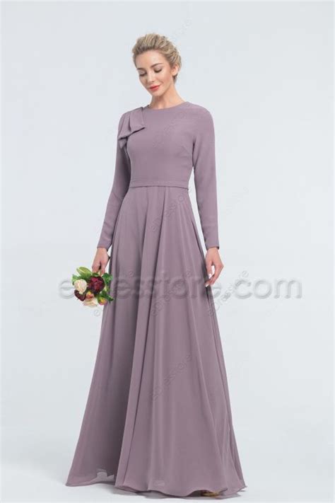 Modest Mormon Mauve Bridesmaid Dresses Long Sleeves Edresstore