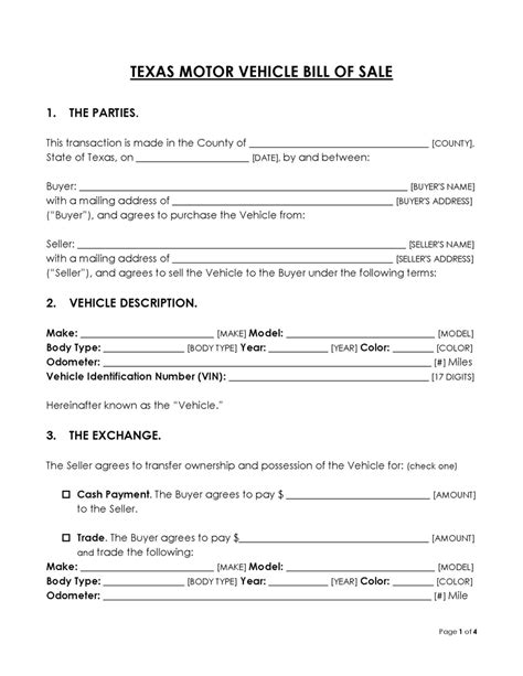 Texas Motor Vehicle Bill Of Sale Free Forms Word Pdf