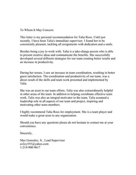 Recommendation Letter For Talia Roos Pdf