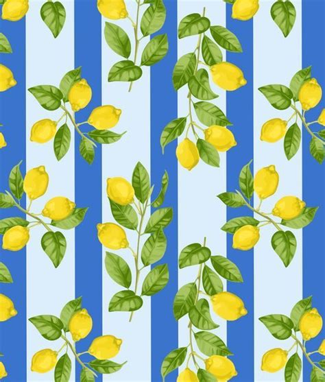 Mediterranean Style Blue And White Striped Wallpaper With Yellow Lemons