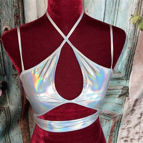 I Heart Raves Tops Iridescent Holographic Rave Halter Top Poshmark