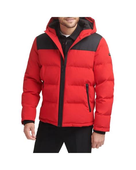 Dkny Shawn Quilted Mixed Media Hooded Puffer Jacket In Red For Men Lyst