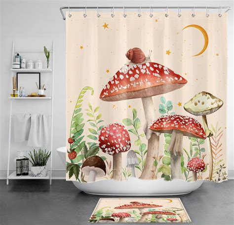 Nature Inspired Bathroom Bliss Beige Green Plant Leaf Red Mushroom