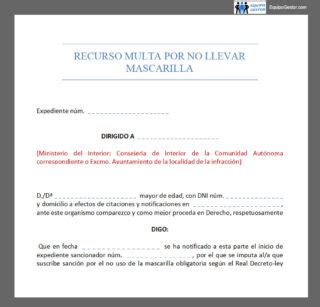 Modelo De Recurso De Multa Por NO Llevar Mascarilla Puesta