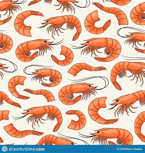 Vector Seafood Seamless Pattern Shrimp Background Stock Vector