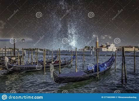 Gondolas in Venice, Italy at Night Stock Photo - Image of gondolas ...