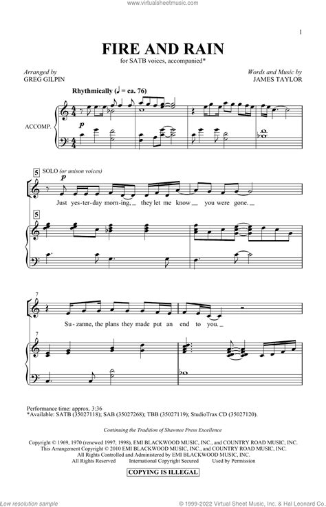 Fire And Rain Arr Greg Gilpin Sheet Music For Choir Satb Soprano