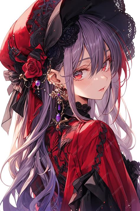 Premium AI Image | vertical image of a beautiful gothic style anime girl with long hair in a red ...