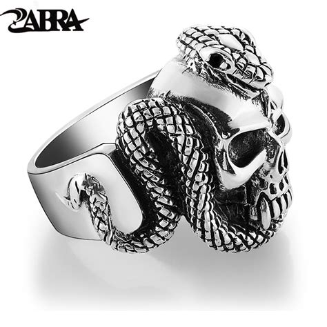 Zabra Sterling Silver Skull Ring Men With Snake Big Punk Rock