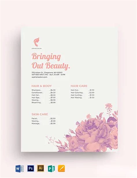 Beauty Salon Price List Template In Google Docs Pages Publisher