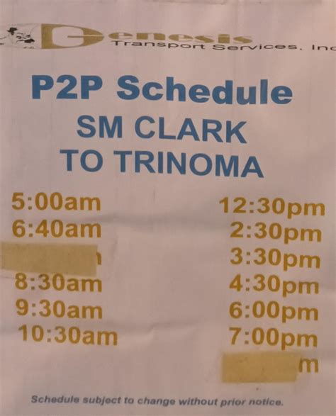 P2p Bus Schedule For Trinoma In Sm Clark R Angeles