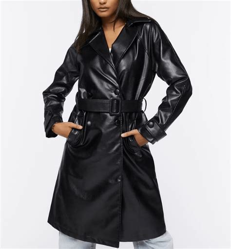 Womens Black Faux Leather Trench Coat Tradingbasis