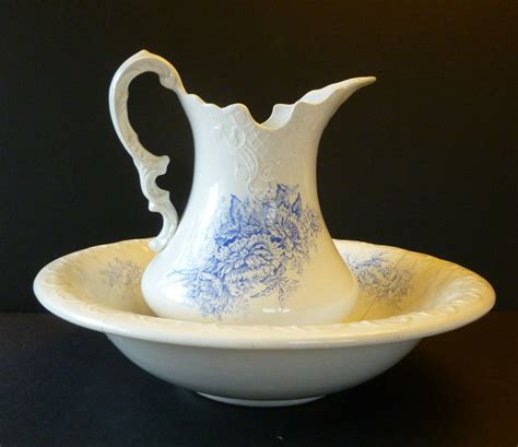 Antique Large Blue Transferware Pitcher And Bowl Wash Basin And Urn By