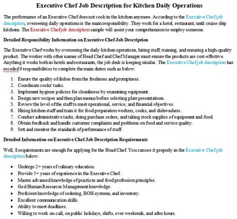 Executive Chef Job Description for Kitchen Daily Operations | room surf.com