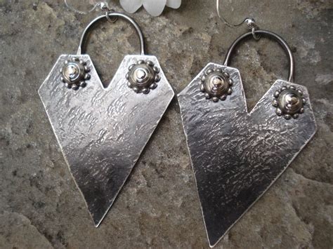 Hammered Oxidized Silver Geometric Riveted Earrings Unique Etsy Uk